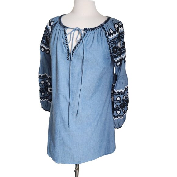 Ivy Jane Boho Dress XS Embroidered Puff Sleeve Chambray Relaxed‎ Southwestern - Picture 12 of 12